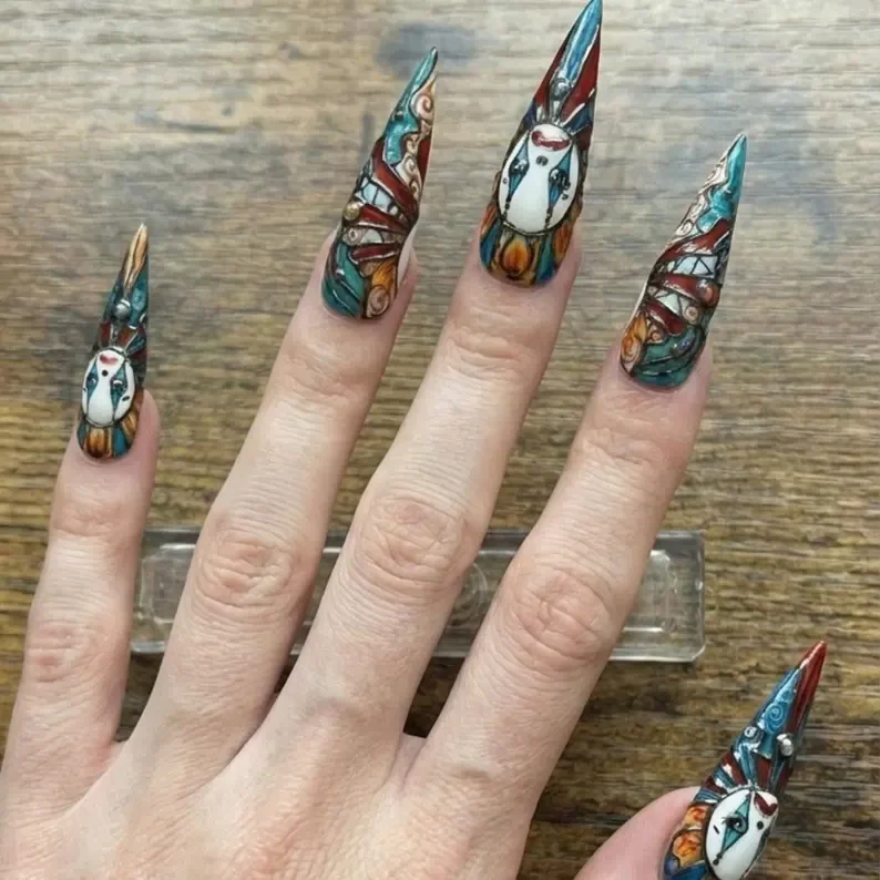 dark circus nails, gothic clown design, press on nails, custom press on nails, fake nails, Nails Art, stained glass nails, gold press on nails, 3d press on nails, luxury press on nails, handmade press on nails
