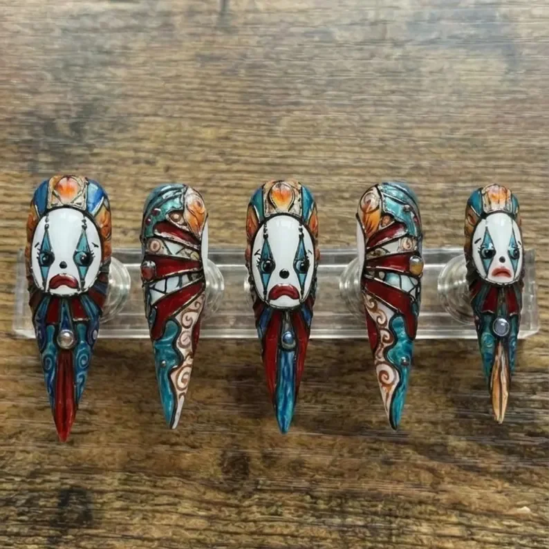 gothic press on nails, sad clown nails, press on nails, custom press on nails, fake nails, Nails Art, stained glass nails, gold press on nails, 3d press on nails, luxury press on nails, handmade press on nails