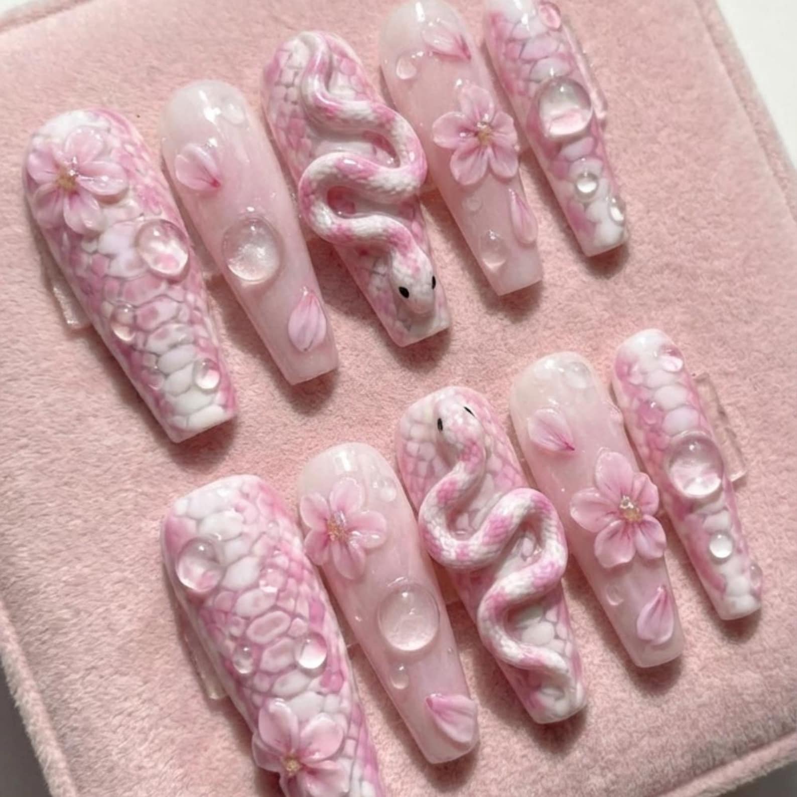cherry blossom nails, pink 3D snake nails, press on nails, custom press on nails, fake nails, Nails Art, stained glass nails, gold press on nails, 3d press on nails, luxury press on nails, handmade press on nails