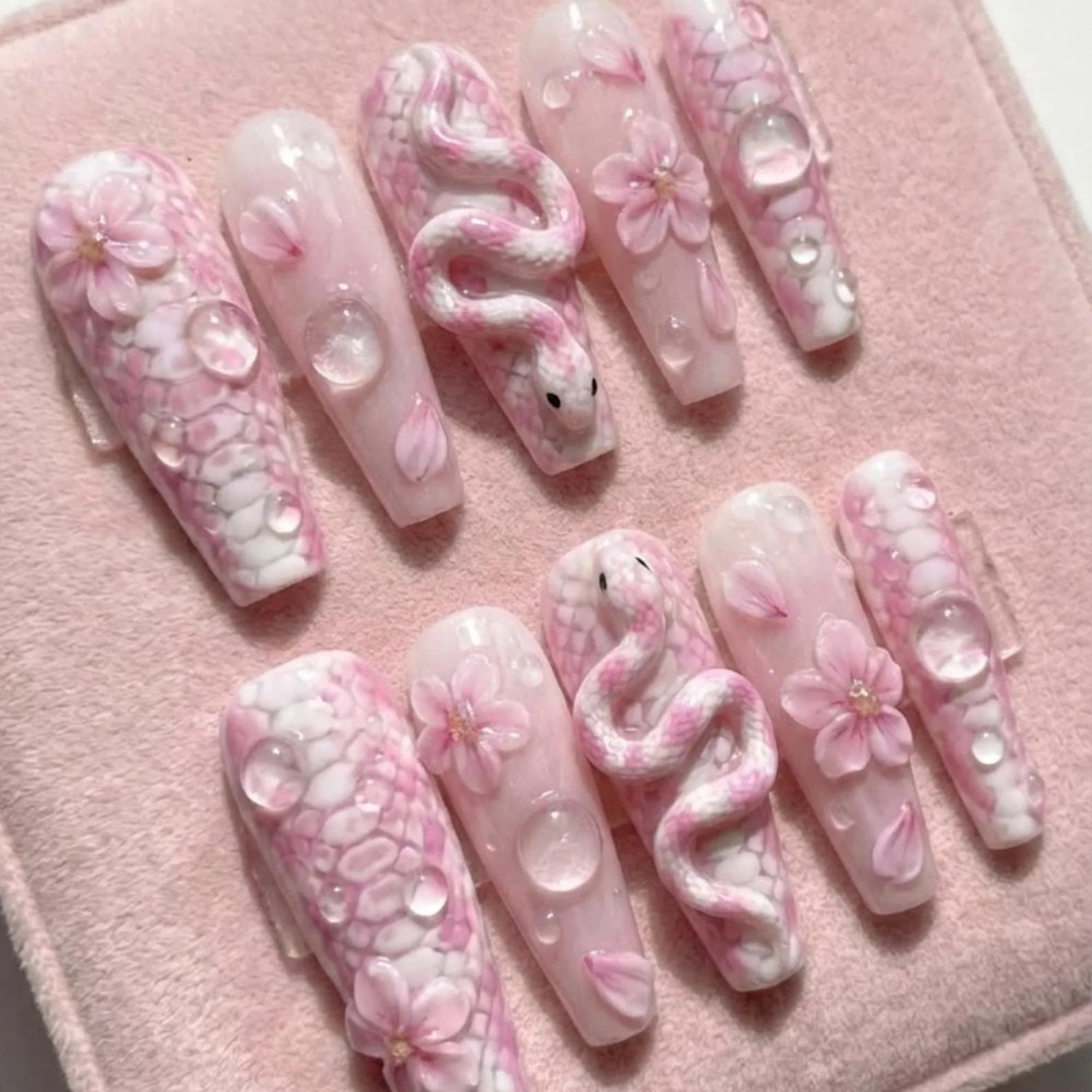 pink 3D snake nails, cherry blossom press ons, press on nails, custom press on nails, fake nails, Nails Art, stained glass nails, gold press on nails, 3d press on nails, luxury press on nails, handmade press on nails