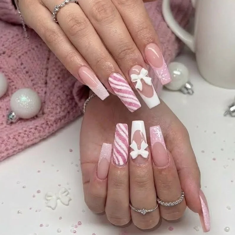 candy cane nails, bow nail art, press on nails, custom press on nails, fake nails, Nails Art, stained glass nails, gold press on nails, 3d press on nails, luxury press on nails, handmade press on nails