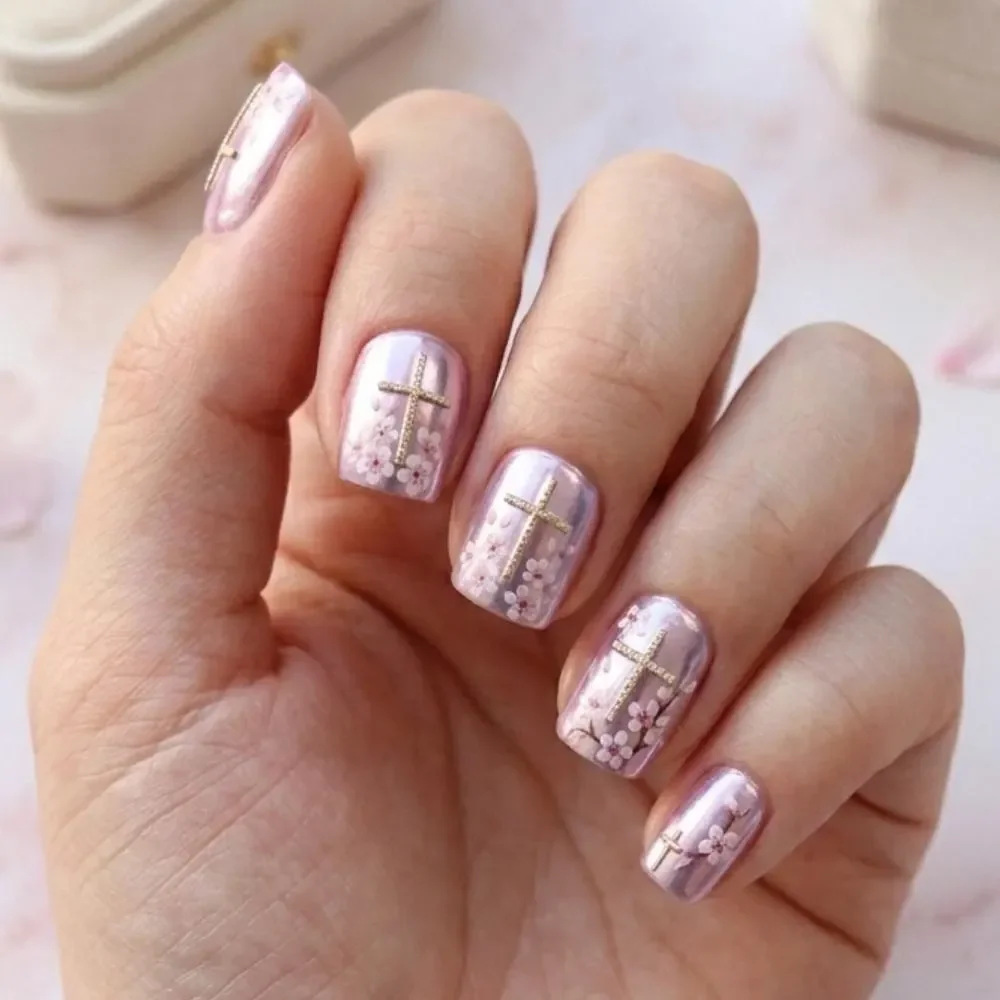 pink chrome nails, cherry blossom press ons, press on nails, custom press on nails, fake nails, Nails Art, stained glass nails, gold press on nails, 3d press on nails, luxury press on nails, handmade press on nails