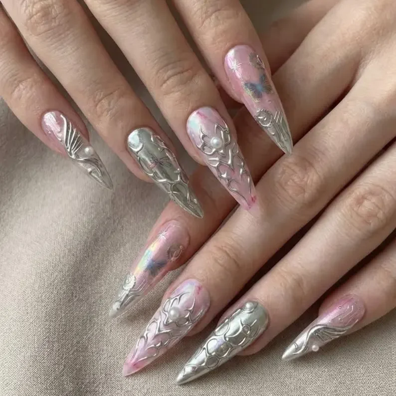 butterfly nail art, silver chrome nails, press on nails, custom press on nails, fake nails, Nails Art, stained glass nails, gold press on nails, 3d press on nails, luxury press on nails, handmade press on nails