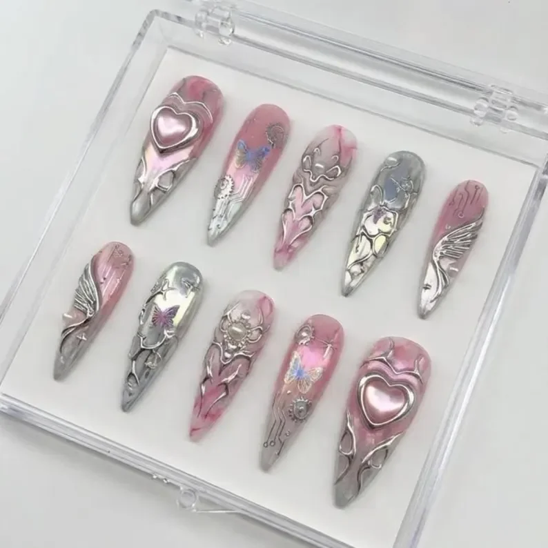 chrome tribal design, cybercore nail style, press on nails, custom press on nails, fake nails, Nails Art, stained glass nails, gold press on nails, 3d press on nails, luxury press on nails, handmade press on nails