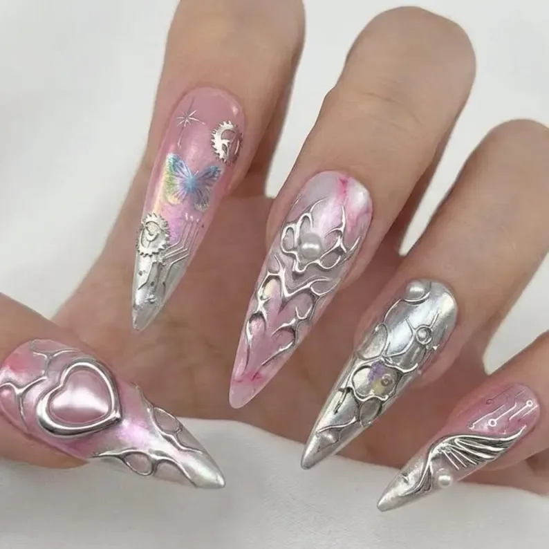 butterfly nail art, silver chrome nails, press on nails, custom press on nails, fake nails, Nails Art, stained glass nails, gold press on nails, 3d press on nails, luxury press on nails, handmade press on nails