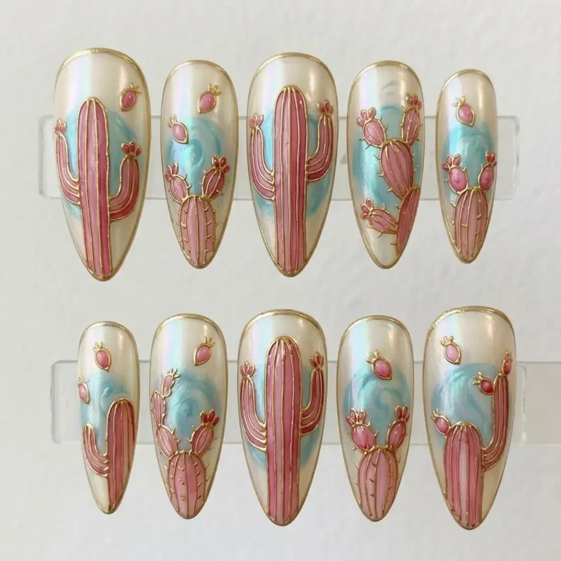 pink desert mirage, hand-painted 3D, press on nails, custom press on nails, fake nails, Nails Art, stained glass nails, gold press on nails, 3d press on nails, luxury press on nails, handmade press on nails