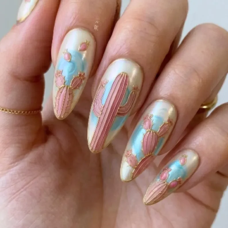 cactus press on nails, iridescent opal, press on nails, custom press on nails, fake nails, Nails Art, stained glass nails, gold press on nails, 3d press on nails, luxury press on nails, handmade press on nails