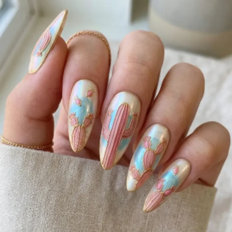 pink desert mirage, hand-painted 3D, press on nails, custom press on nails, fake nails, Nails Art, stained glass nails, gold press on nails, 3d press on nails, luxury press on nails, handmade press on nails