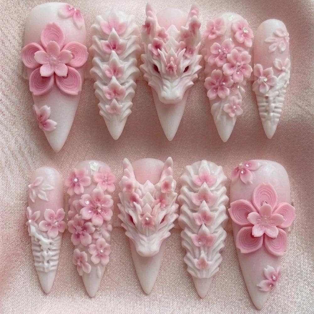 pink dragon nails, sakura press on, press on nails, custom press on nails, fake nails, Nails Art, stained glass nails, gold press on nails, 3d press on nails, luxury press on nails, handmade press on nails