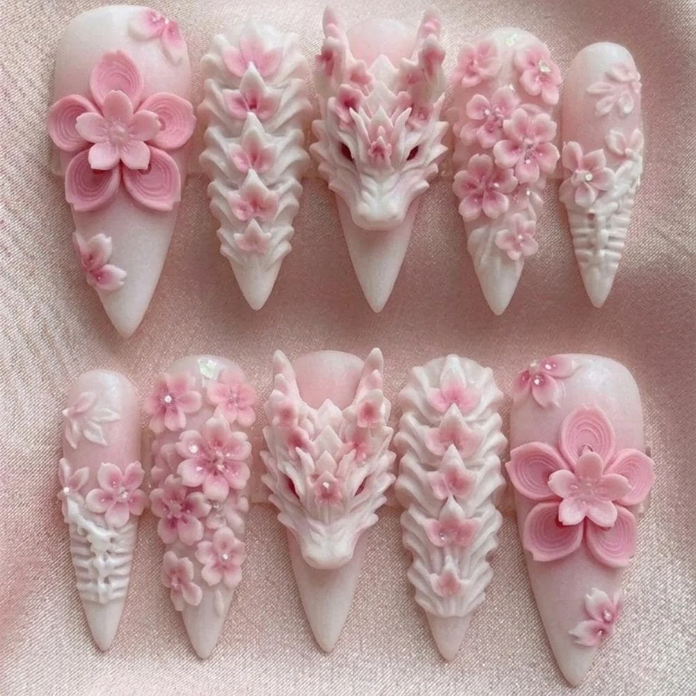 pink dragon nails, sakura press on, press on nails, custom press on nails, fake nails, Nails Art, stained glass nails, gold press on nails, 3d press on nails, luxury press on nails, handmade press on nails