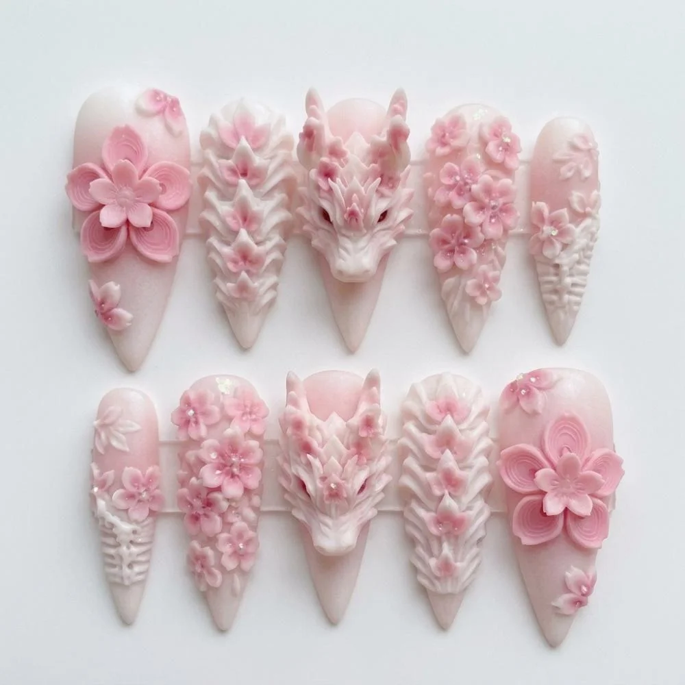 cherry blossom set, 3d fantasy nails, press on nails, custom press on nails, fake nails, Nails Art, stained glass nails, gold press on nails, 3d press on nails, luxury press on nails, handmade press on nails