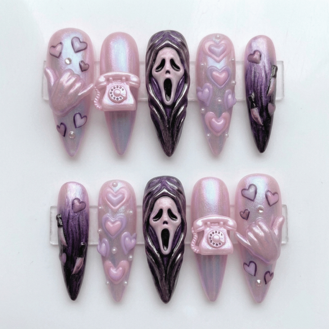 Scream press on, Coquette horror nails, press on nails, custom press on nails, fake nails, Nails Art, stained glass nails, gold press on nails, 3d press on nails, luxury press on nails, handmade press on nails