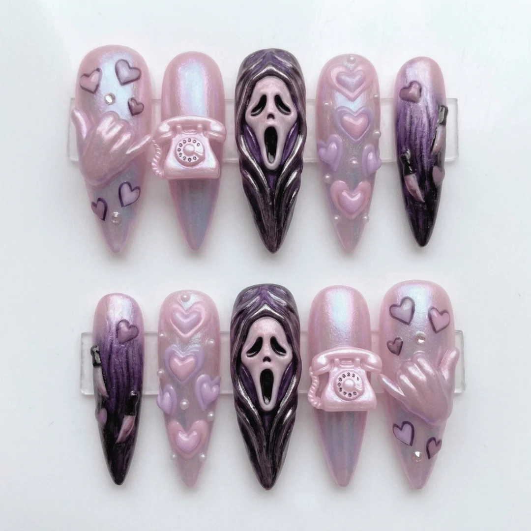 Pink Ghostface nails, Scream press on, press on nails, custom press on nails, fake nails, Nails Art, stained glass nails, gold press on nails, 3d press on nails, luxury press on nails, handmade press on nails