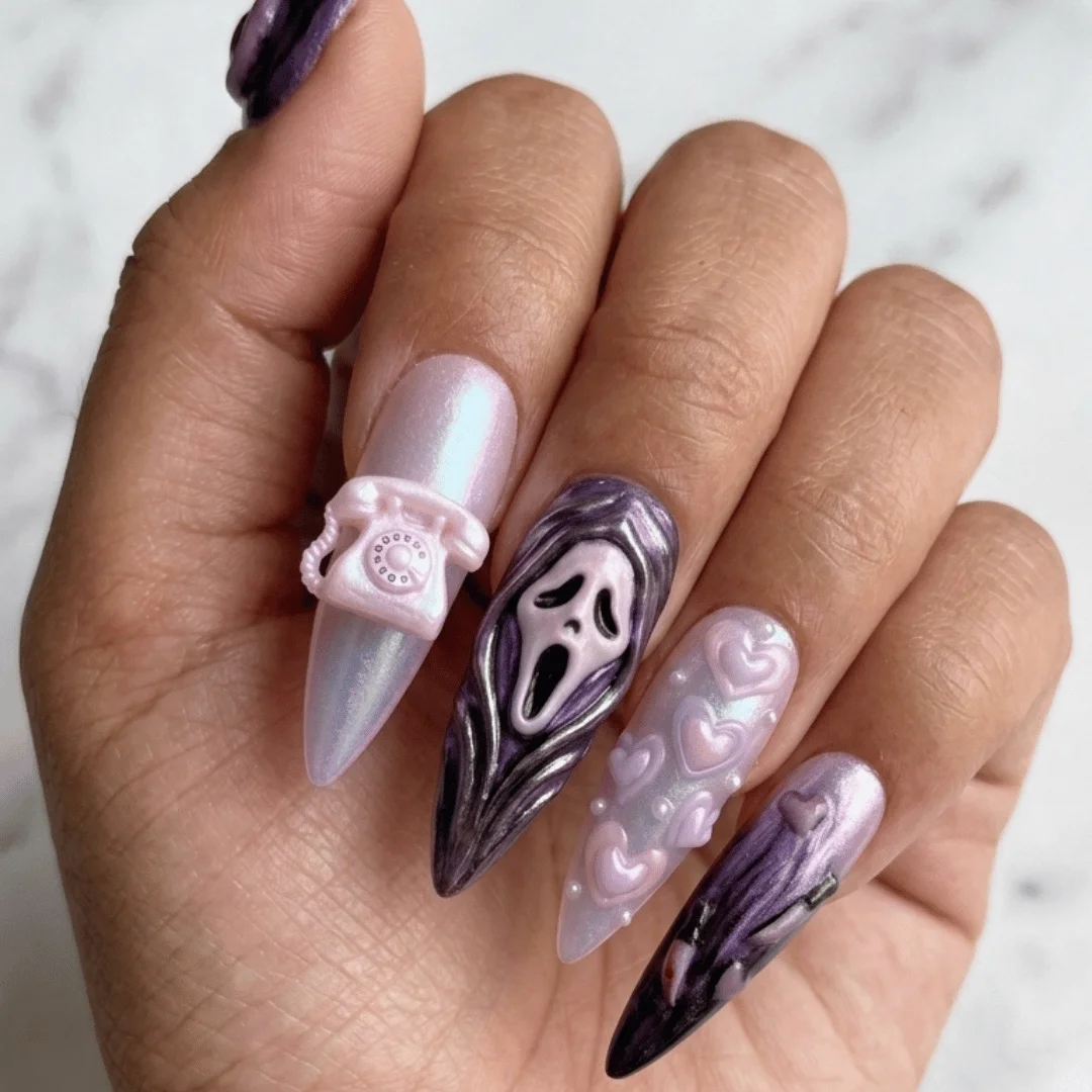 Coquette horror nails, 3D nail art, press on nails, custom press on nails, fake nails, Nails Art, stained glass nails, gold press on nails, 3d press on nails, luxury press on nails, handmade press on nails
