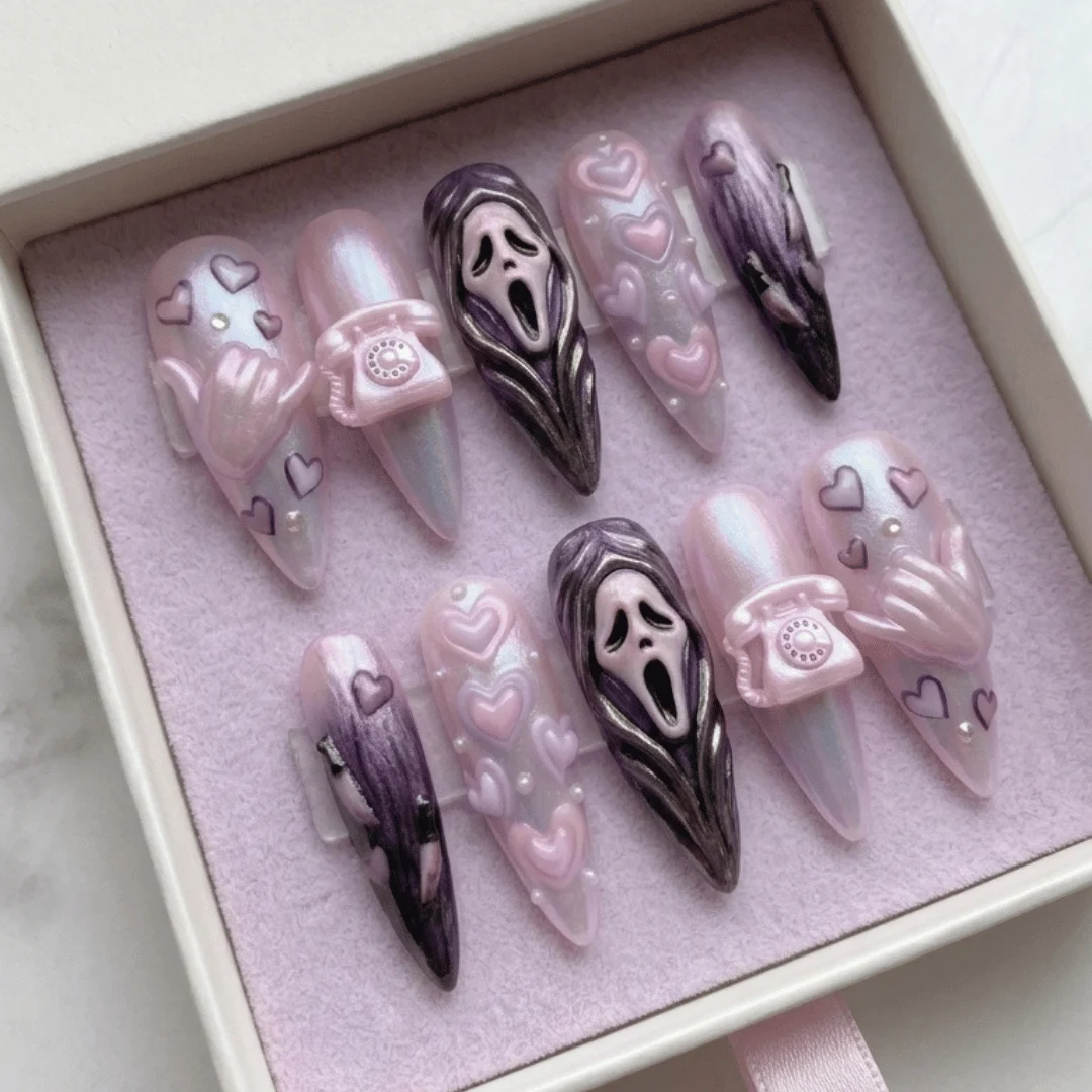 Spooky cute nails, Iridescent pearl nails, press on nails, custom press on nails, fake nails, Nails Art, stained glass nails, gold press on nails, 3d press on nails, luxury press on nails, handmade press on nails