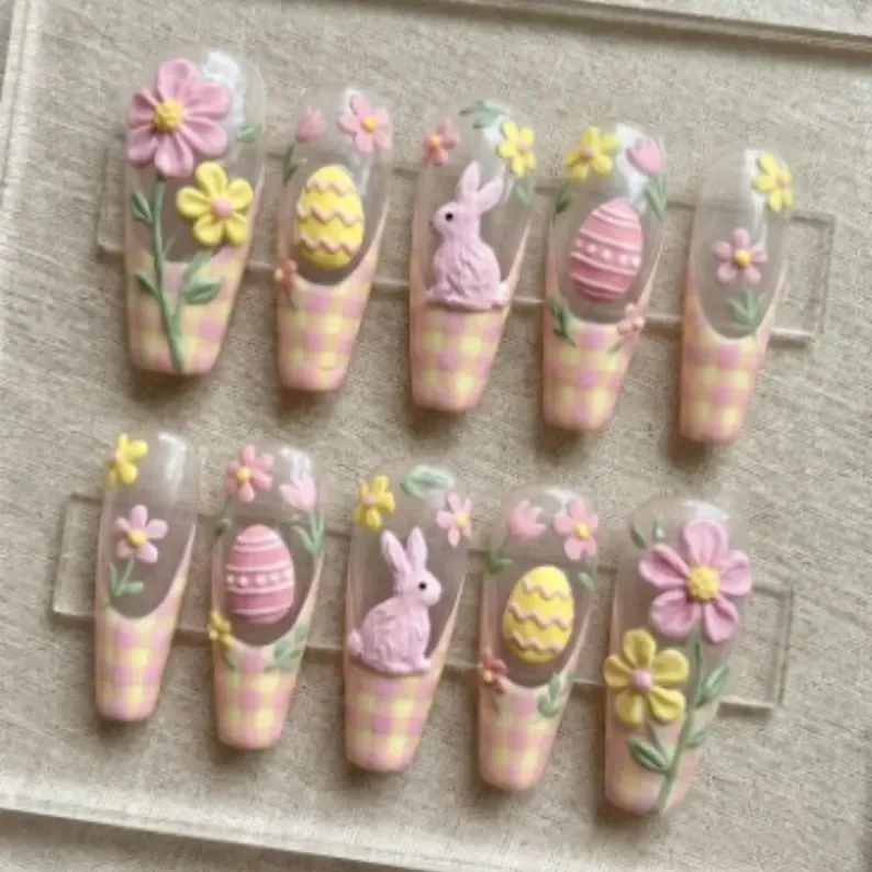 pink gingham nails, 3D easter bunny, press on nails, custom press on nails, fake nails, Nails Art, stained glass nails, gold press on nails, 3d press on nails, luxury press on nails, handmade press on nails