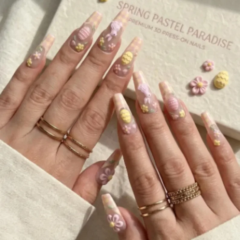 egg nail art, daisy nail art, press on nails, custom press on nails, fake nails, Nails Art, stained glass nails, gold press on nails, 3d press on nails, luxury press on nails, handmade press on nails