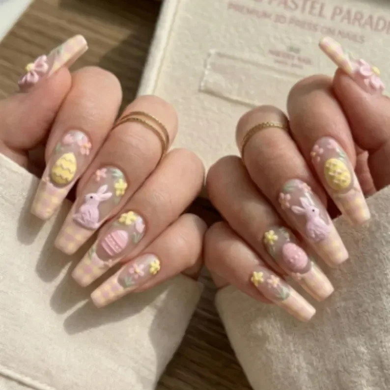 checkered nail design, easter bunny nails, press on nails, custom press on nails, fake nails, Nails Art, stained glass nails, gold press on nails, 3d press on nails, luxury press on nails, handmade press on nails