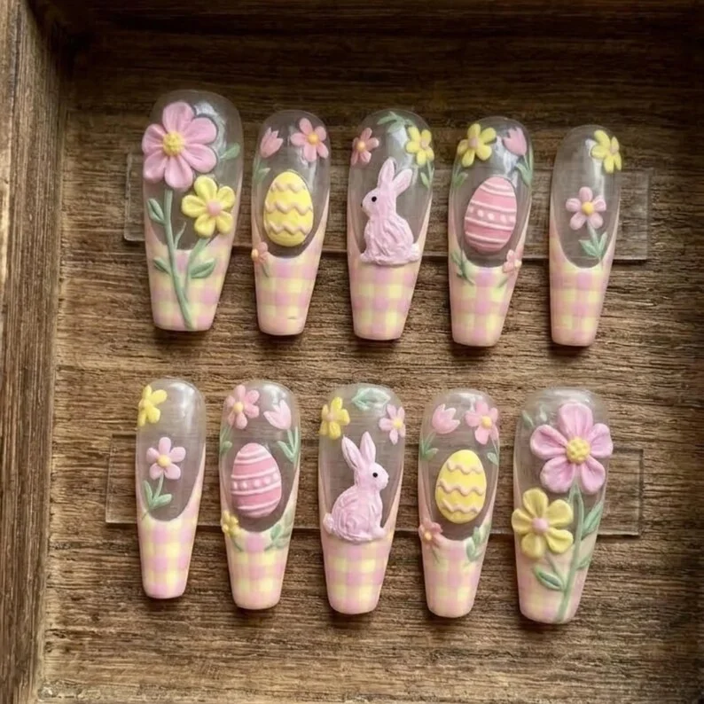 pink gingham nails, 3D easter bunny, press on nails, custom press on nails, fake nails, Nails Art, stained glass nails, gold press on nails, 3d press on nails, luxury press on nails, handmade press on nails