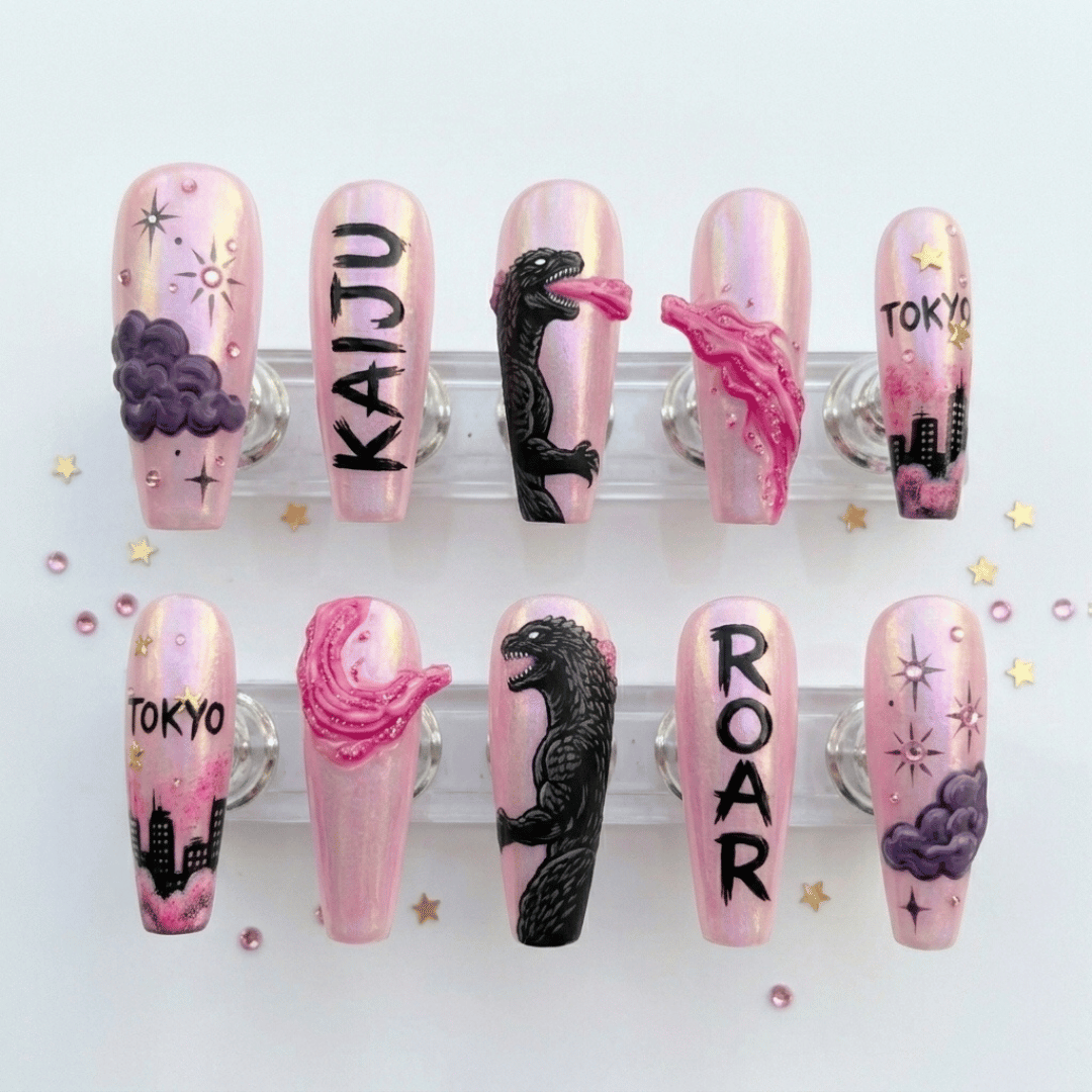 pink godzilla nails, kaiju press on, press on nails, custom press on nails, fake nails, Nails Art, stained glass nails, gold press on nails, 3d press on nails, luxury press on nails, handmade press on nails