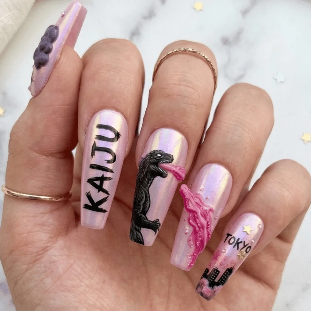 3d tokyo skyline, monster false nails, press on nails, custom press on nails, fake nails, Nails Art, stained glass nails, gold press on nails, 3d press on nails, luxury press on nails, handmade press on nails