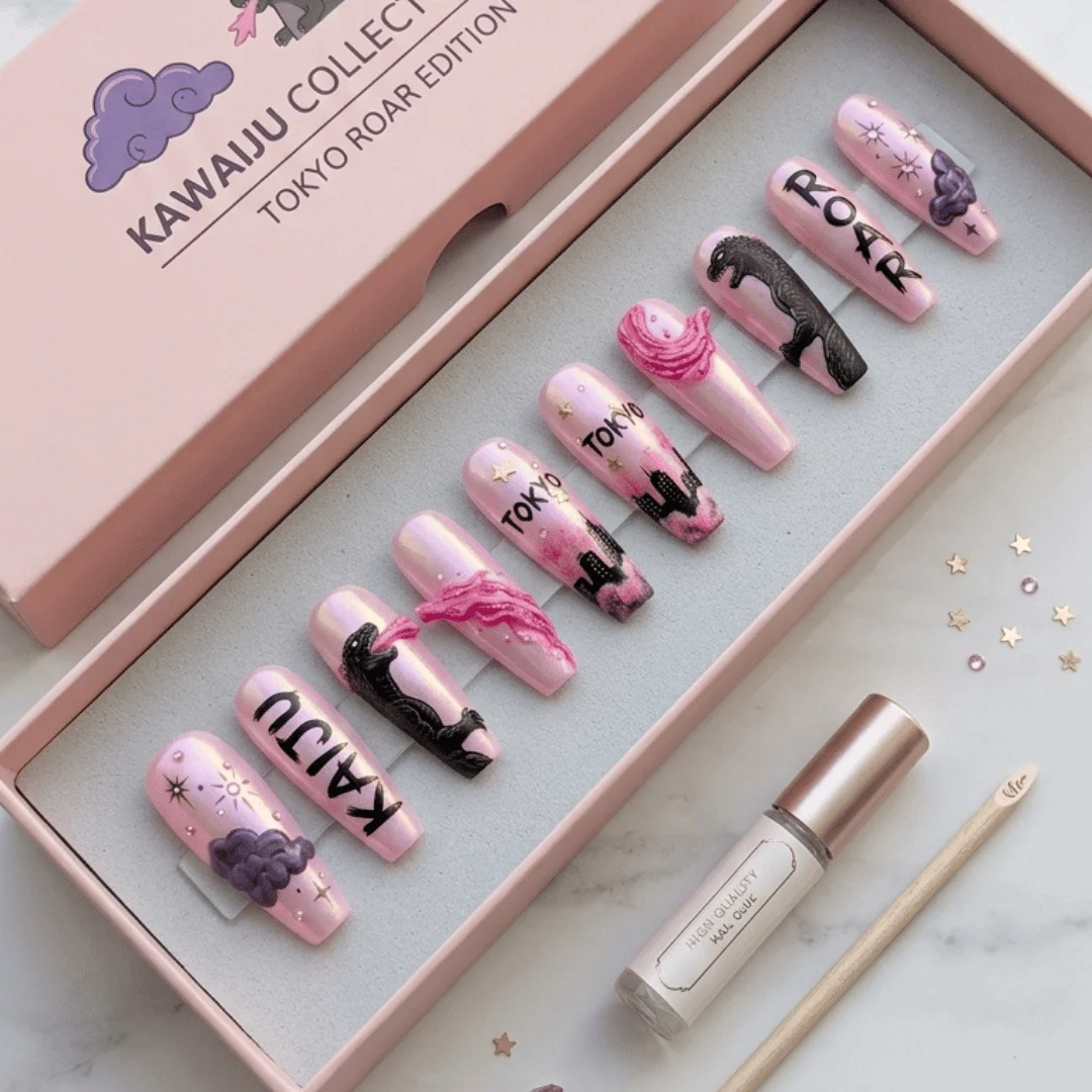kawaii atomic breath, custom hand painted, press on nails, custom press on nails, fake nails, Nails Art, stained glass nails, gold press on nails, 3d press on nails, luxury press on nails, handmade press on nails