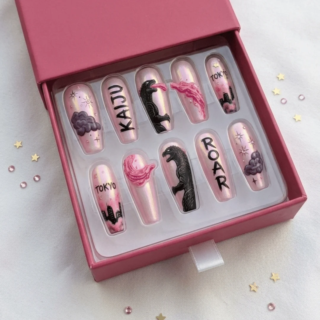 anime art nails, tokyo skyline nails, press on nails, custom press on nails, fake nails, Nails Art, stained glass nails, gold press on nails, 3d press on nails, luxury press on nails, handmade press on nails