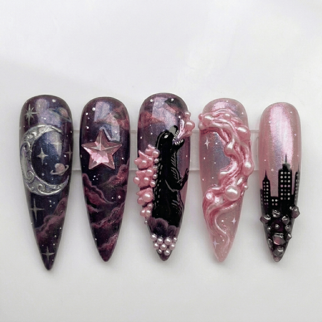 pearl luxury nails, pink kaiju press on nails, press on nails, custom press on nails, fake nails, Nails Art, stained glass nails, gold press on nails, 3d press on nails, luxury press on nails, handmade press on nails