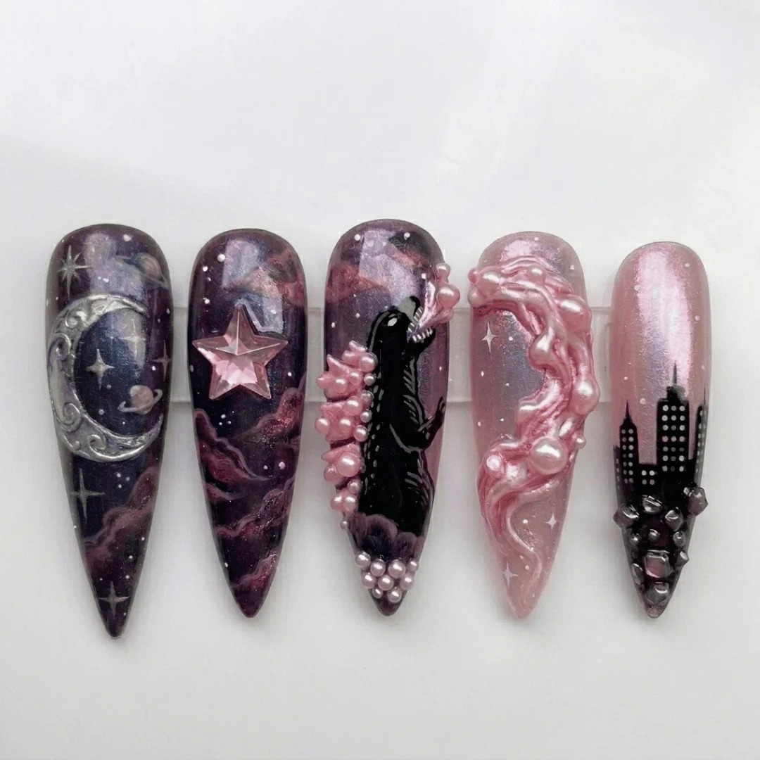 pink kaiju press on nails, 3D godzilla moon, press on nails, custom press on nails, fake nails, Nails Art, stained glass nails, gold press on nails, 3d press on nails, luxury press on nails, handmade press on nails