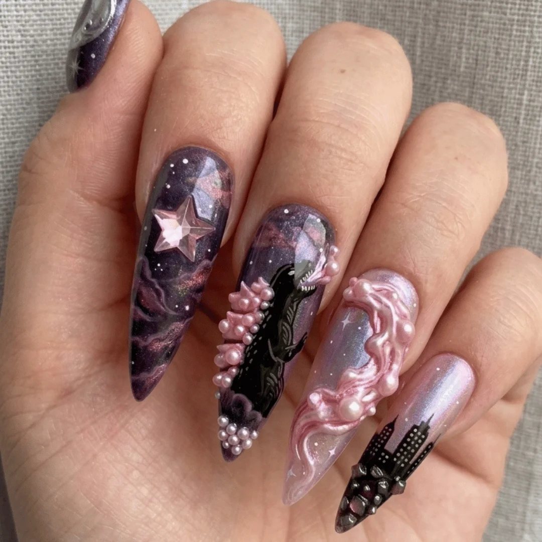 star false nails, cosmic tokyo skyline, press on nails, custom press on nails, fake nails, Nails Art, stained glass nails, gold press on nails, 3d press on nails, luxury press on nails, handmade press on nails