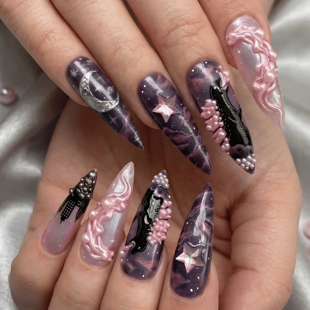 whimsical magical, forest inspired nails, press on nails, custom press on nails, fake nails, Nails Art, stained glass nails, gold press on nails, 3d press on nails, luxury press on nails, handmade press on nails