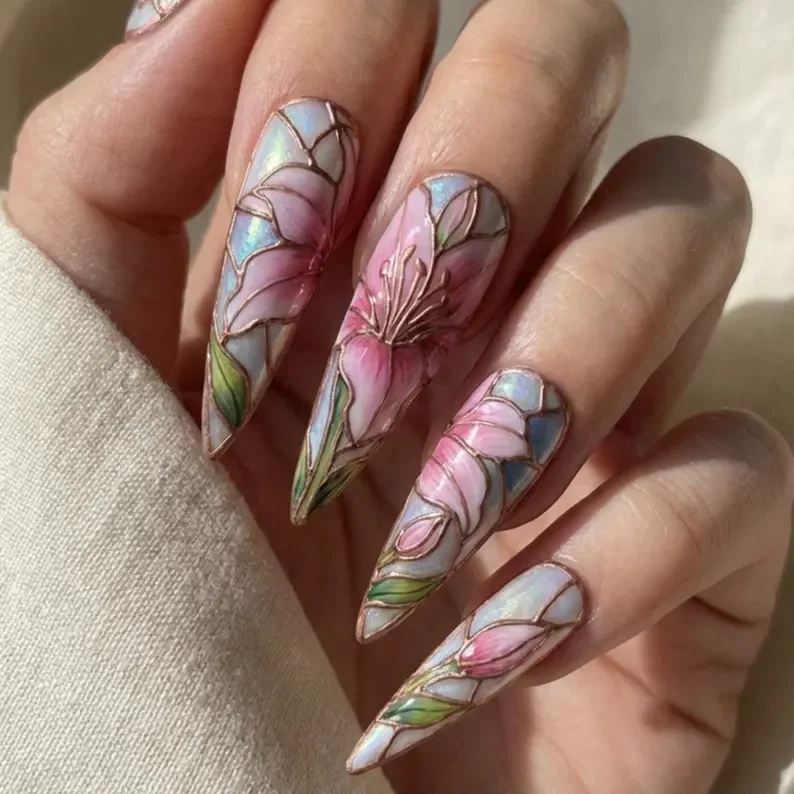 pink lily press on nails, stained glass nails, press on nails, custom press on nails, fake nails, Nails Art, gold press on nails, 3d press on nails, luxury press on nails, handmade press on nails
