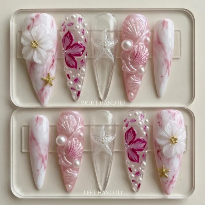 starfish press on nails, pearl beach nails, press on nails, custom press on nails, fake nails, Nails Art, stained glass nails, gold press on nails, 3d press on nails, luxury press on nails, handmade press on nails
