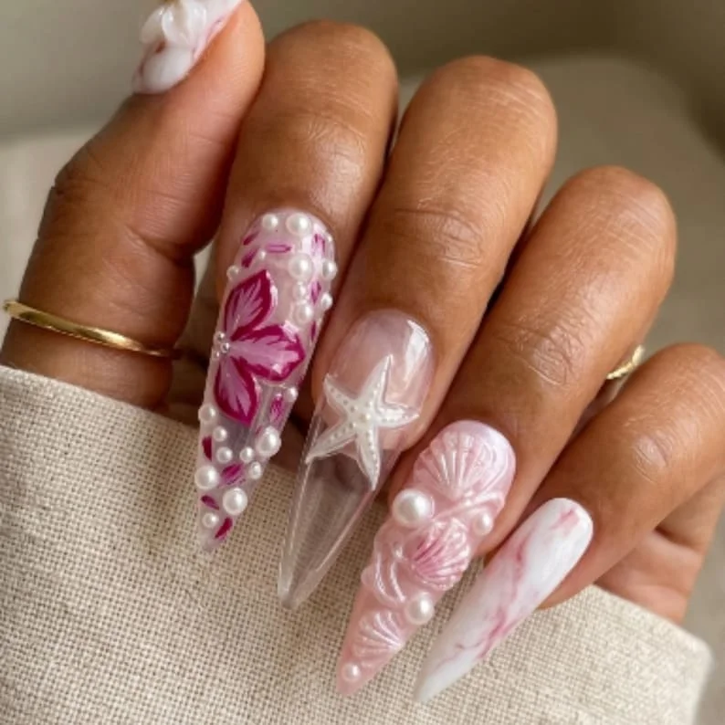 starfish press on nails, pearl beach nails, press on nails, custom press on nails, fake nails, Nails Art, stained glass nails, gold press on nails, 3d press on nails, luxury press on nails, handmade press on nails