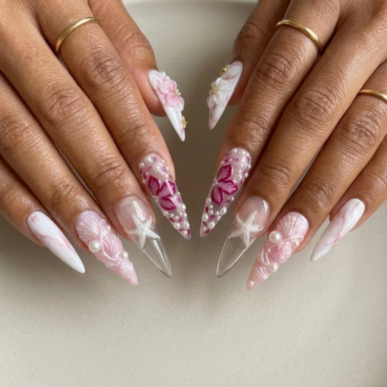 beach themed nails, ocean style nails, press on nails, custom press on nails, fake nails, Nails Art, stained glass nails, gold press on nails, 3d press on nails, luxury press on nails, handmade press on nails