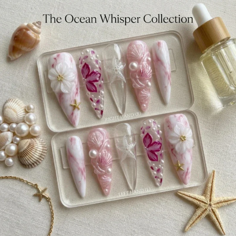 pink marble press on nails, 3D seashell nails, press on nails, custom press on nails, fake nails, Nails Art, stained glass nails, gold press on nails, 3d press on nails, luxury press on nails, handmade press on nails
