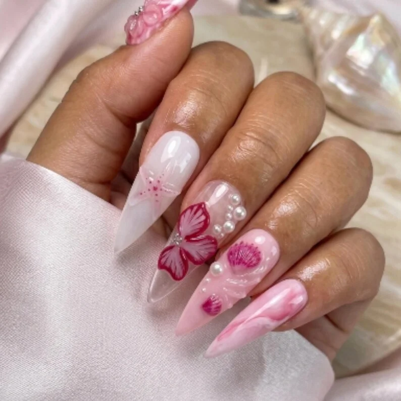ocean theme nails, stiletto press on nails, press on nails, custom press on nails, fake nails, Nails Art, stained glass nails, gold press on nails, 3d press on nails, luxury press on nails, handmade press on nails