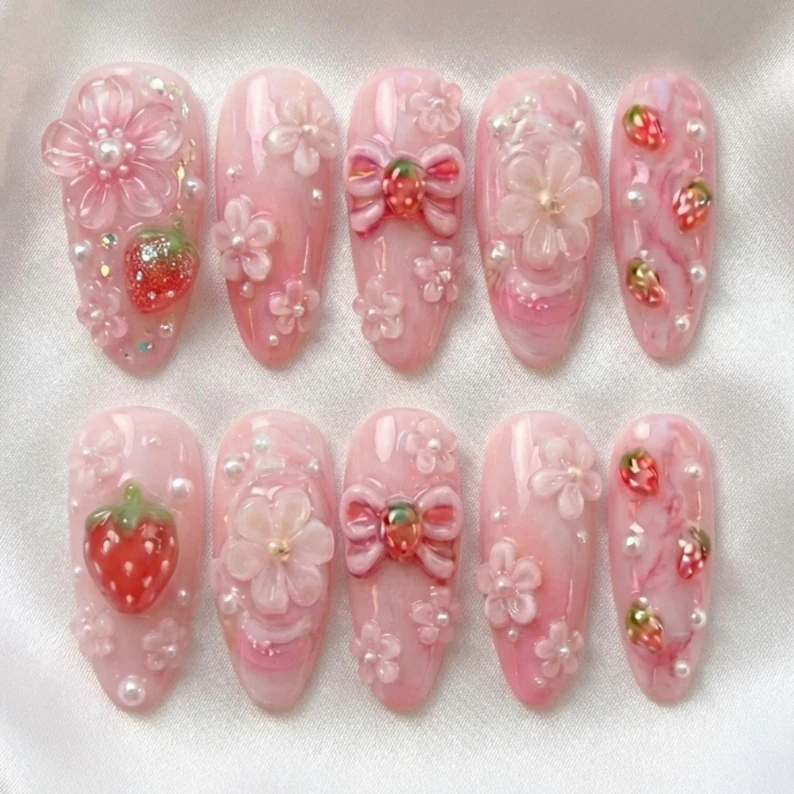 press on nails, 3D sakura nails, custom press on nails, fake nails, Nails Art, stained glass nails, gold press on nails, 3d press on nails, luxury press on nails, handmade press on nails