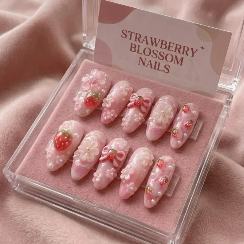 press on nails, 3D sakura nails, custom press on nails, fake nails, Nails Art, stained glass nails, gold press on nails, 3d press on nails, luxury press on nails, handmade press on nails