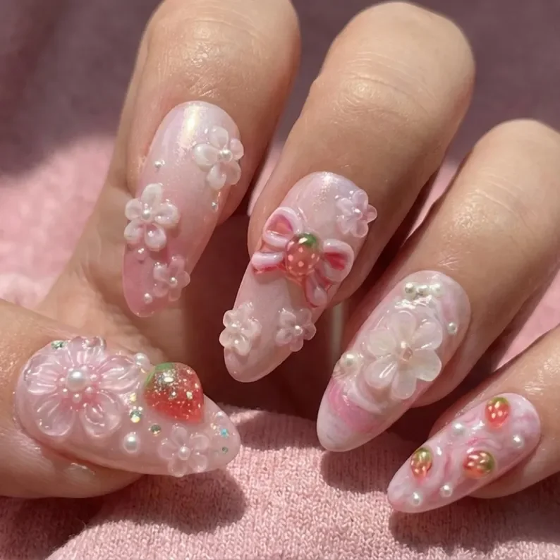bow kawaii nail art, kawaii nail design, press on nails, custom press on nails, fake nails, Nails Art, stained glass nails, gold press on nails, 3d press on nails, luxury press on nails, handmade press on nails