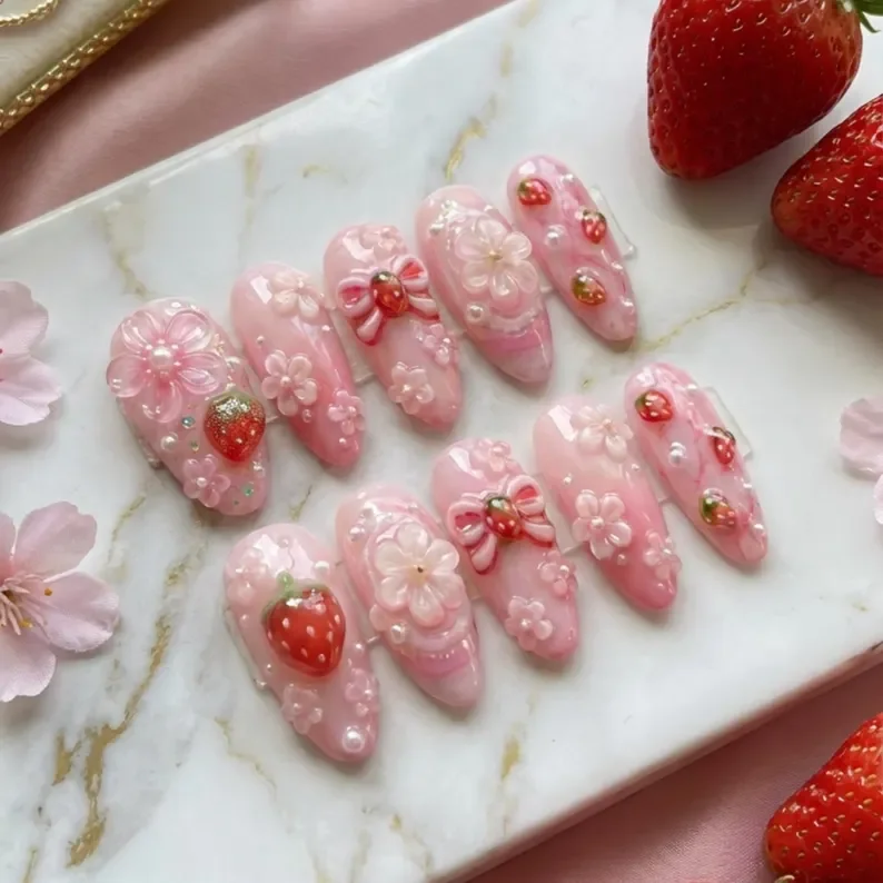 pink marble nails, strawberry blossom nails, press on nails, custom press on nails, fake nails, Nails Art, stained glass nails, gold press on nails, 3d press on nails, luxury press on nails, handmade press on nails