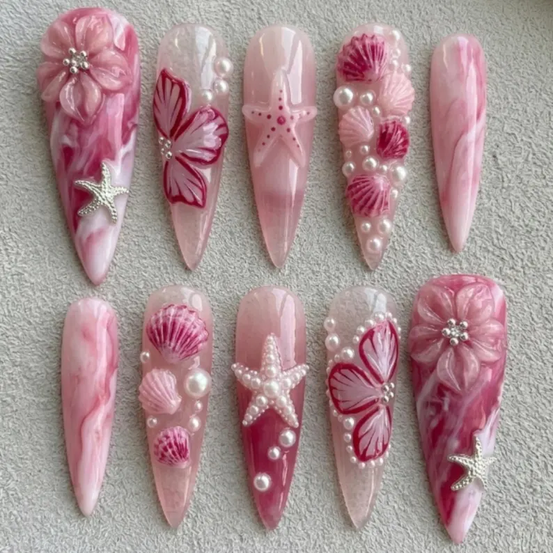 3D sea shell, press on nails, custom press on nails, fake nails, Nails Art, stained glass nails, gold press on nails, 3d press on nails, luxury press on nails, handmade press on nails