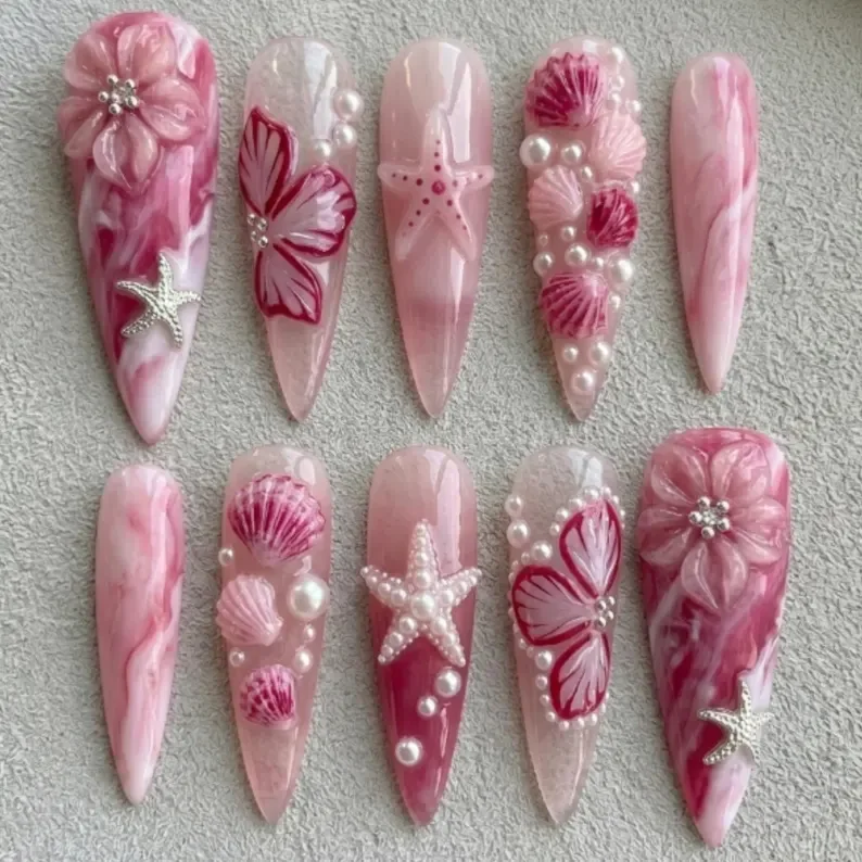 pink mermaid nails, 3D sea shell, press on nails, custom press on nails, fake nails, Nails Art, stained glass nails, gold press on nails, 3d press on nails, luxury press on nails, handmade press on nails