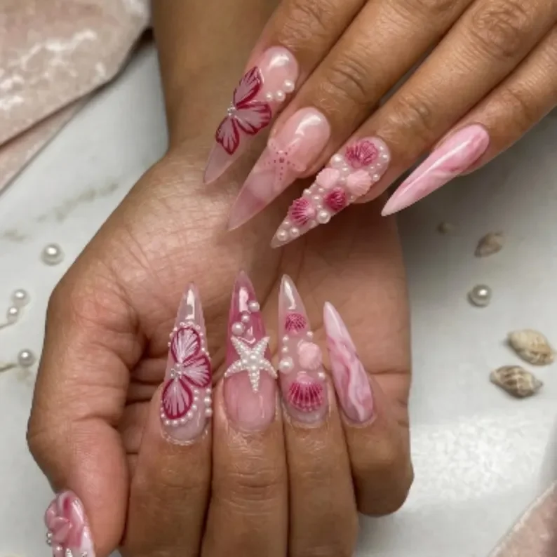 starfish pearl nail art, tropical beach nails, press on nails, custom press on nails, fake nails, Nails Art, stained glass nails, gold press on nails, 3d press on nails, luxury press on nails, handmade press on nails