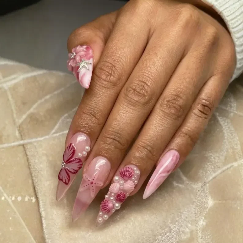 pink marble jelly, fake mermaid nails, press on nails, custom press on nails, fake nails, Nails Art, stained glass nails, gold press on nails, 3d press on nails, luxury press on nails, handmade press on nails