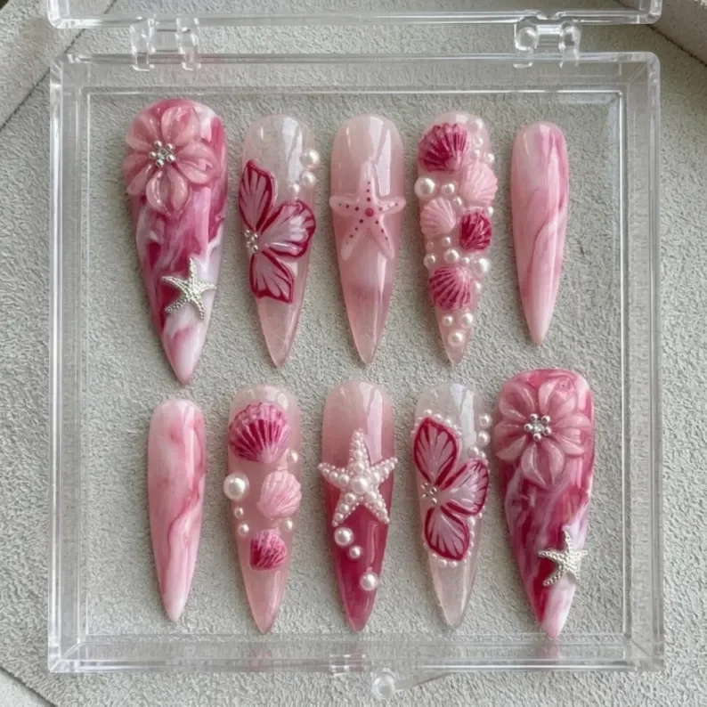 sea shell nail art, pink mermaid nails, press on nails, custom press on nails, fake nails, Nails Art, stained glass nails, gold press on nails, 3d press on nails, luxury press on nails, handmade press on nails