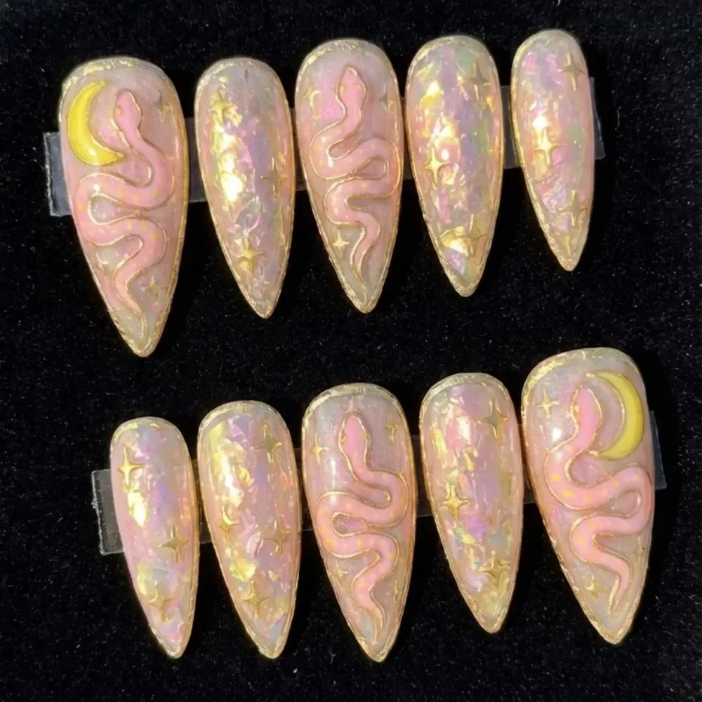 pink opal nails, snake press on, press on nails, custom press on nails, fake nails, Nails Art, stained glass nails, gold press on nails, 3d press on nails, luxury press on nails, handmade press on nails