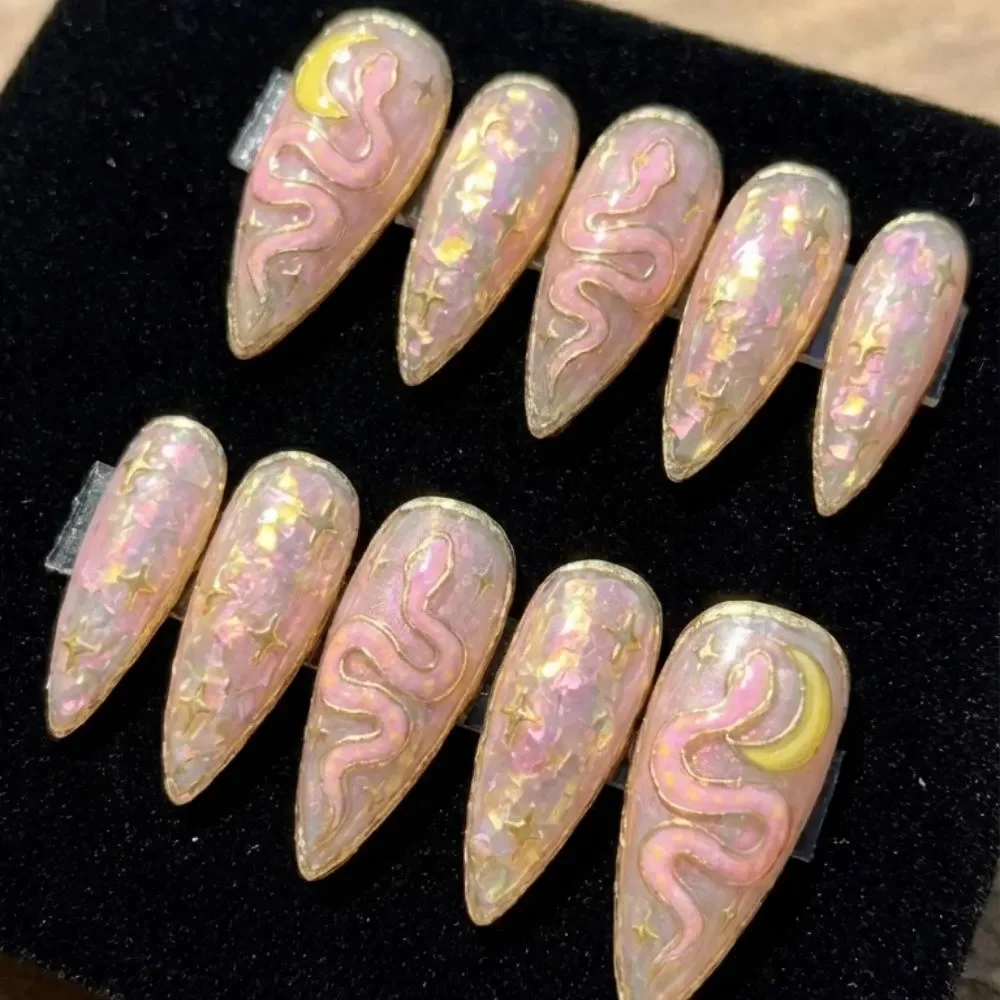 celestial stiletto, iridescent gold foil, press on nails, custom press on nails, fake nails, Nails Art, stained glass nails, gold press on nails, 3d press on nails, luxury press on nails, handmade press on nails