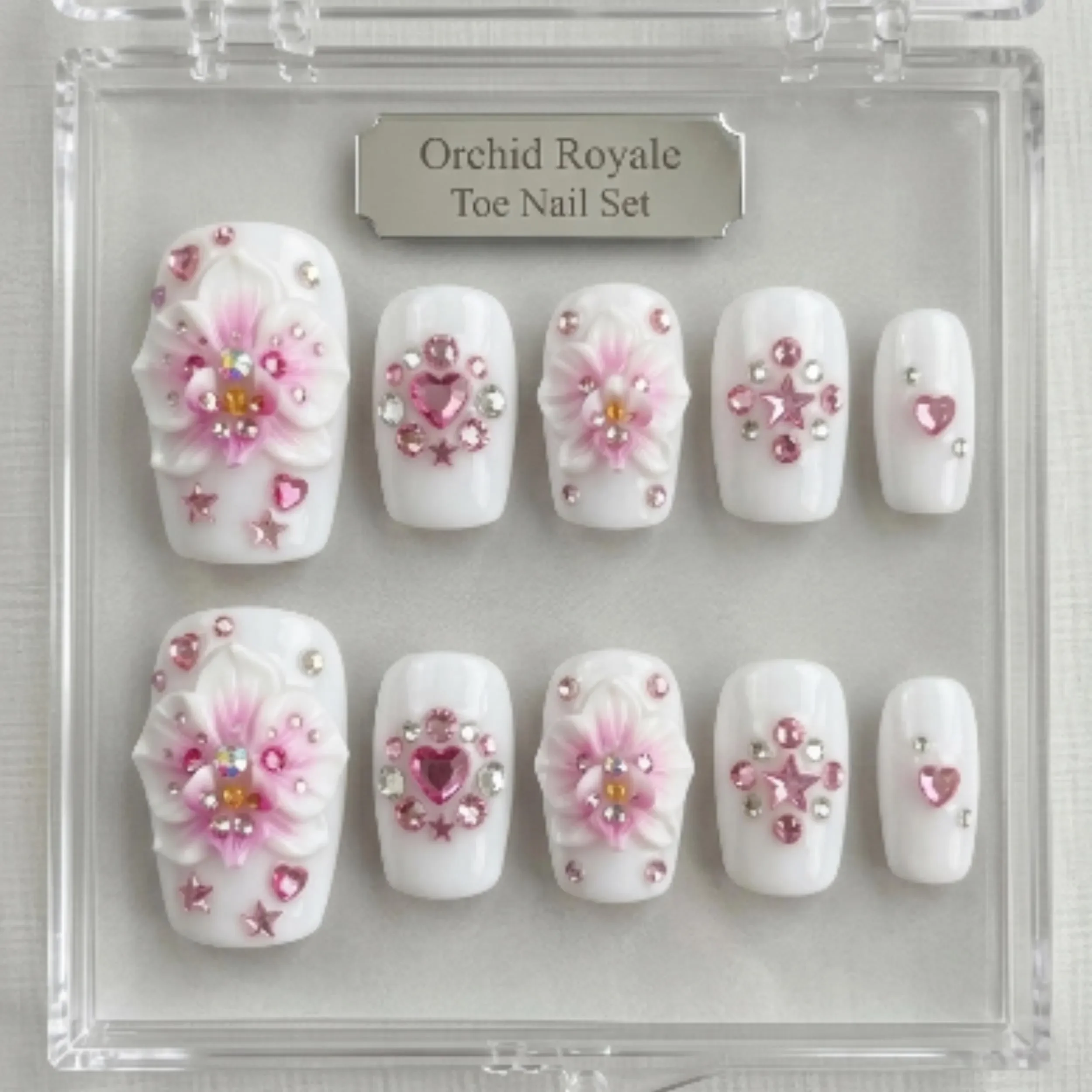 pink orchid, gemstone press on, press on nails, custom press on nails, fake nails, Nails Art, stained glass nails, gold press on nails, 3d press on nails, luxury press on nails, handmade press on nails