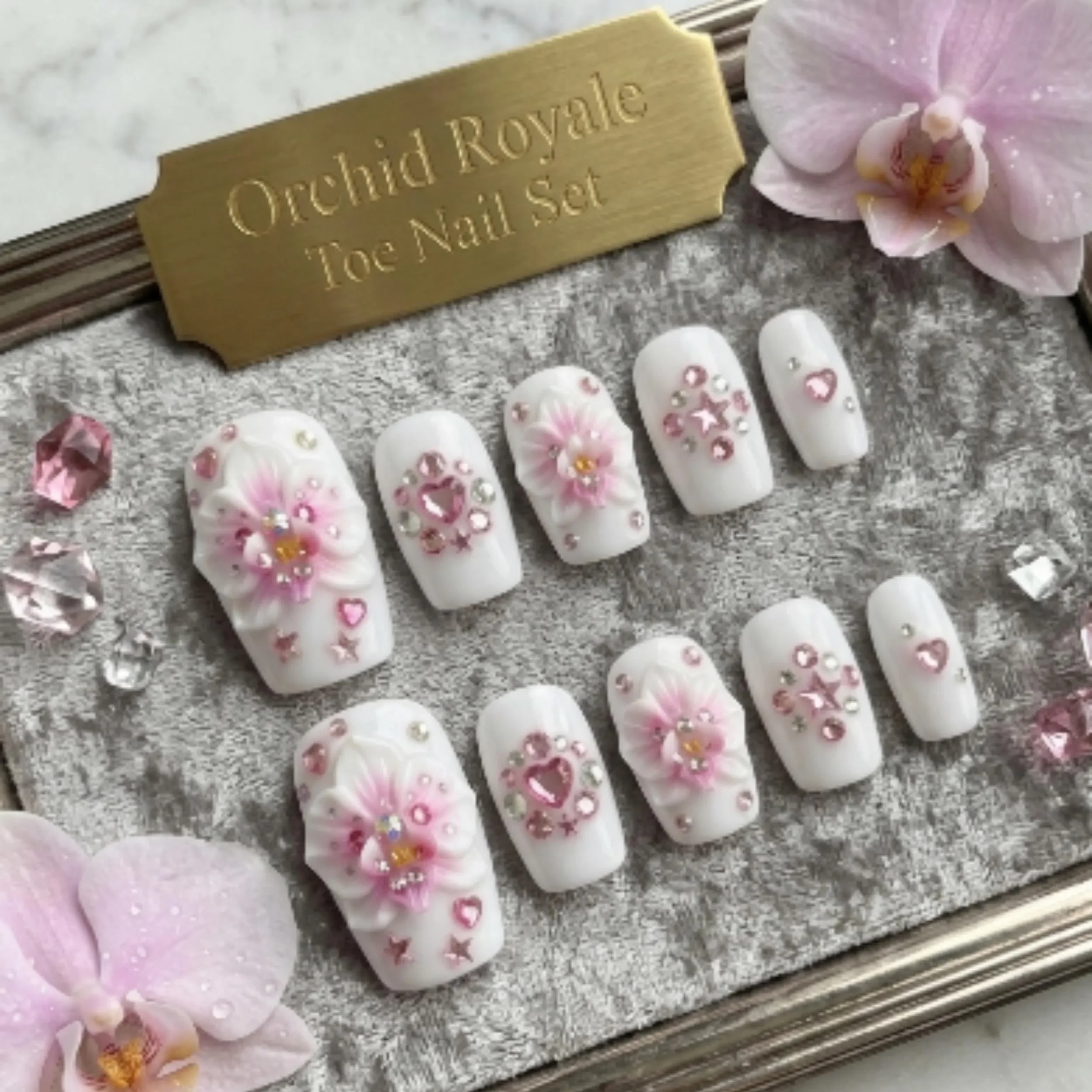 summer pedicure, pink orchid, press on nails, custom press on nails, fake nails, Nails Art, stained glass nails, gold press on nails, 3d press on nails, luxury press on nails, handmade press on nails
